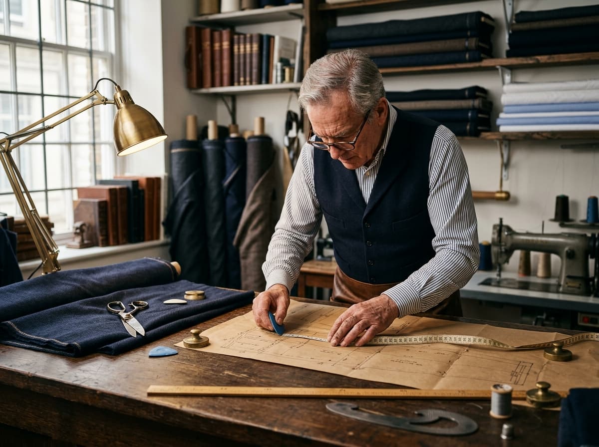 Master tailor cutting bespoke garment pattern in our atelier